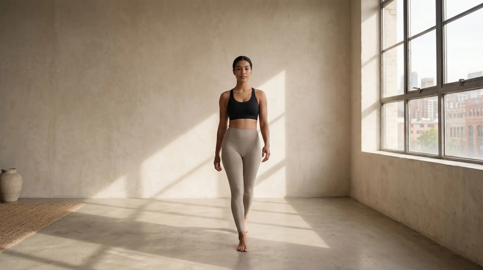 Woman in athletic wear walking in a sunlit room with large windows.